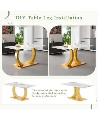 Marble dining table and chair set with gold decoration - modern