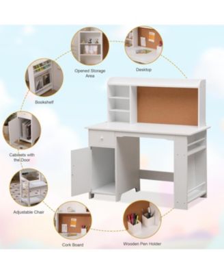 Kids Desk and Chair Set, Wooden Study Table with Storage Shelf, Bulletin Board, Children School Learning Desk Set, Writing Table