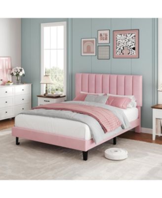 Velvet Upholstered Platform Bed Frame with Adjustable Headboard, No Box Spring Needed, Easy Assembly.