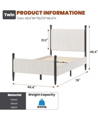 Twin Upholstered Bed Frame with Velvet Headboard, Corduroy Platform, Wood Slats
