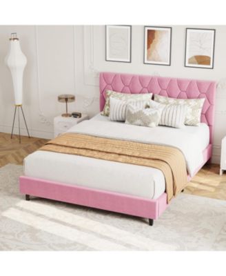 Queen Size Velvet Upholstered Platform Bed Frame with Adjustable Headboard, Wooden Slats Support, No Box Spring Needed, Easy Assembly
