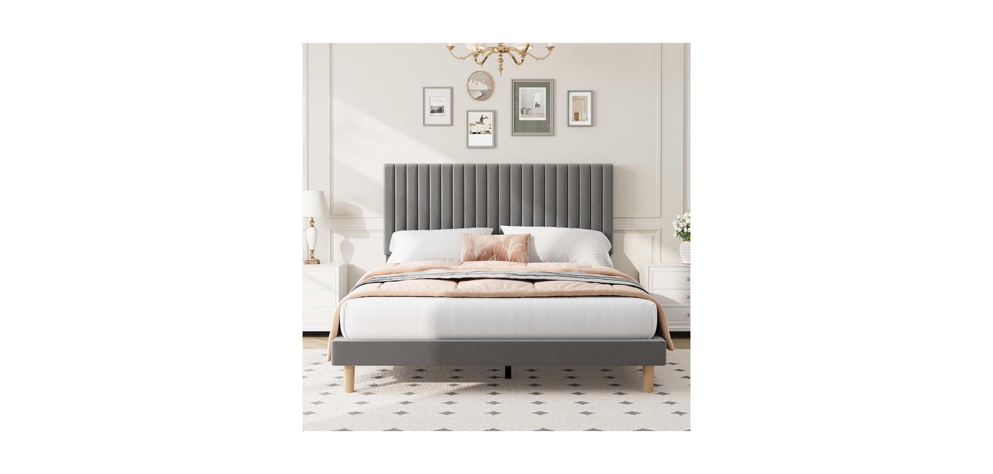 gaomon Queen Size Velvet Platform Bed Frame with Vertical Channel Tufted Adjustable Headboard, Wooden Slats Support, No Box Spring