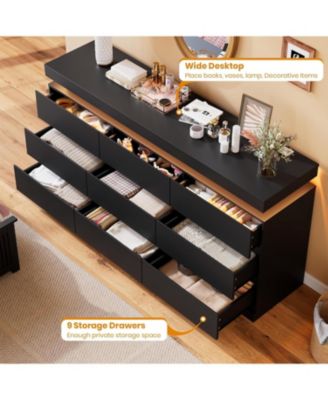 9 Drawer Dresser - 63" Wide Chest of Drawers with LED Light and Charging Station, Large TV Stand Multi-Function Home Organizer for Living