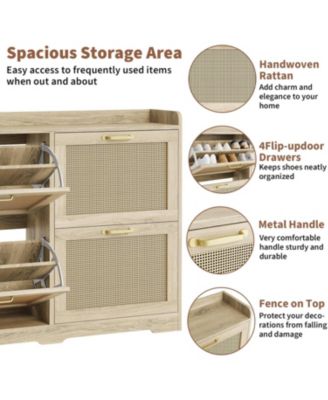 Entryway Shoe Cabinet with 4 Flip Drawers, Durable and Stylish, Hidden Freestanding Wood Breathable Wide Shoe Rack.