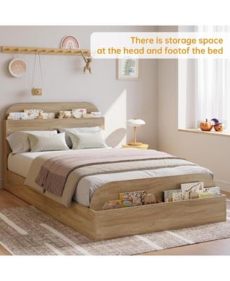  Bed Frame with Storage Headboard and Raised Footboard Low Platform Wood Slats No Box Spring