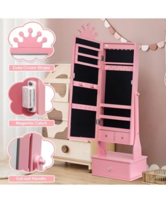 Kids Jewelry Armoire,Child Jewelry Cabinet with Led Light,Freestanding Jewelry Organizer with Full Length Mirror&Storage Drawers