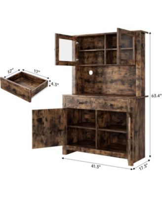 Retro Color Kitchen Pantry Cabinet with Microwave Stand and Coffee Bar 4 Doors