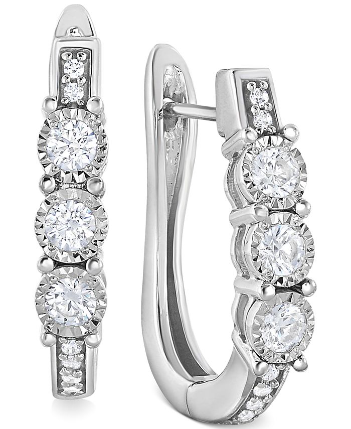 TruMiracle Diamond Three-Stone Hoop Earrings (1/2 ct. t.w.) in 10k ...