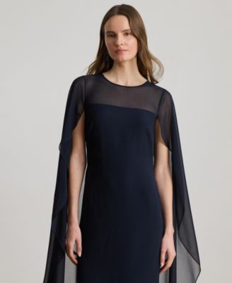 Women's Round-Neck Cape-Overlay Georgette Ball Gown