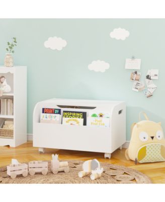 Kids Toy Storage Box - Wooden Toy & Book Organizer with 4 Wheels, Front Bookshelf, Flip-Top Lid and Safety Hinge for Playroom