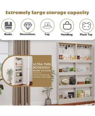 Behind Door Bookshelf - Wooden Slim Tall Bookcase with 4-Tier Shelves and 5 Hooks, Narrow Storage Cabinet for Living Room, Study Room