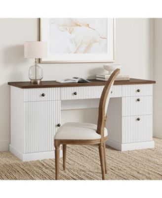 Fluted Home Office Desk Storage, in Modern Executive Desk with Charging Station, Wooden Computer Writing Desk with File Cabinet And Drawers
