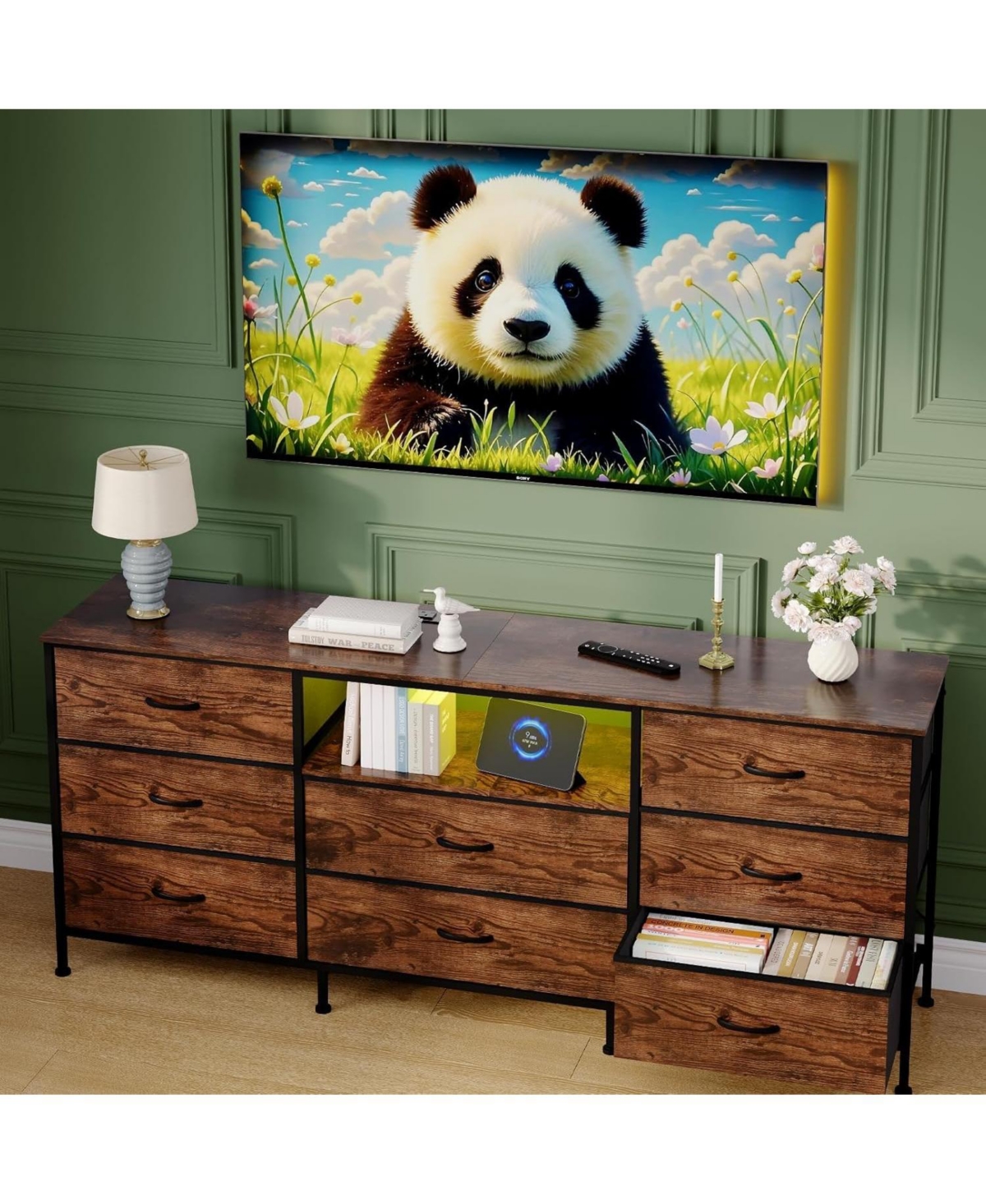gaomon Tv Stand Dresser for 45-65 Inch Tv, Entertainment Center with Led Lights, 8 Fabric Drawers, Metal Frame Storage Cabinet - Brown