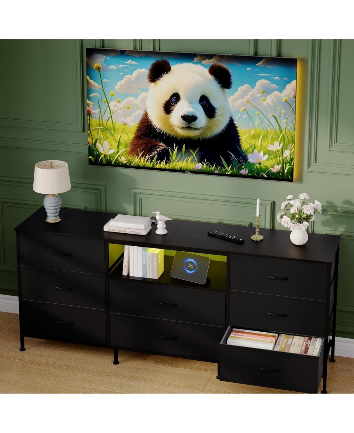 gaomon Tv Stand Dresser for 45-65 Inch Tv, Entertainment Center with Led Lights, 8 Fabric Drawers, Metal Frame Storage Cabinet - Black