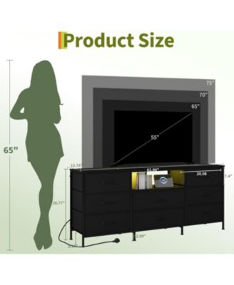 TV Stand Dresser for 45-65 Inch TV, Entertainment Center with LED Lights, 8 Fabric Drawers, Metal Frame Storage Cabinet