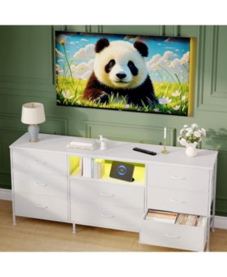TV Stand Dresser for 45-65 Inch TV, Entertainment Center with LED Lights, 8 Fabric Drawers, Metal Frame Storage Cabinet