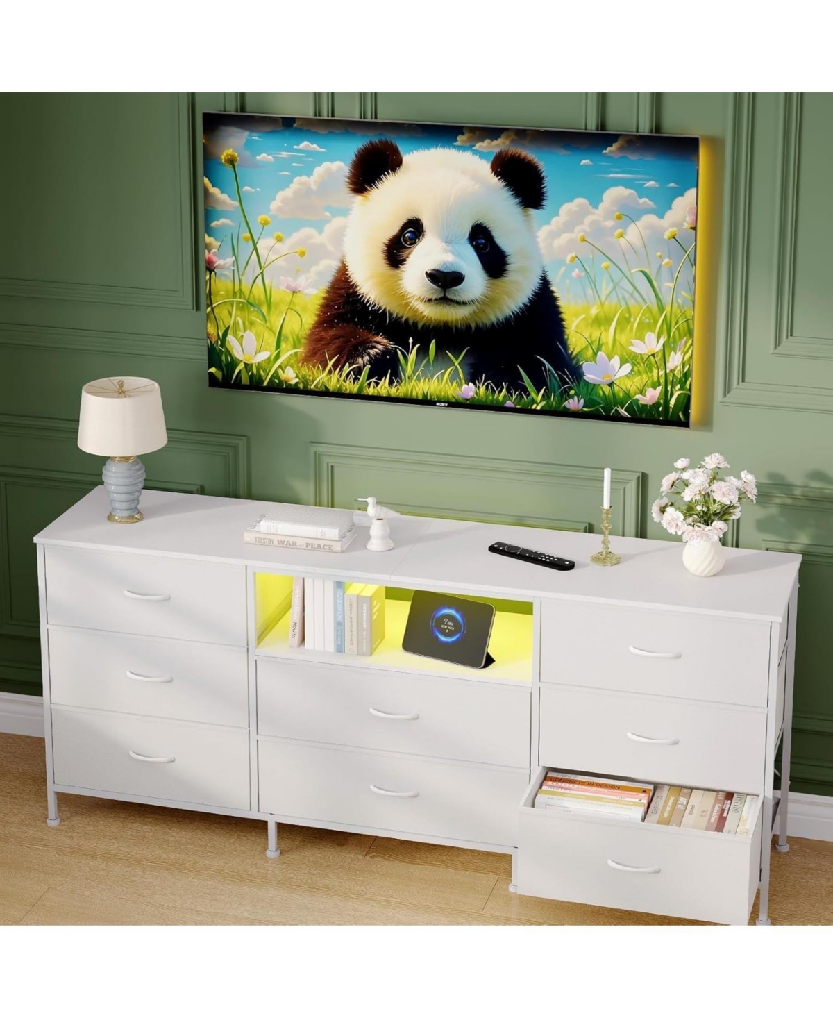 gaomon Tv Stand Dresser for 45-65 Inch Tv, Entertainment Center with Led Lights, 8 Fabric Drawers, Metal Frame Storage Cabinet - White
