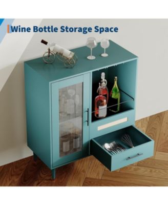 Modern Wine Bar Cabinet with Wine Glass Rack, Glass Door Display and Drawers, Coffee Bar & Liquor Cabinet with Storage, Buffet Sideboard Table