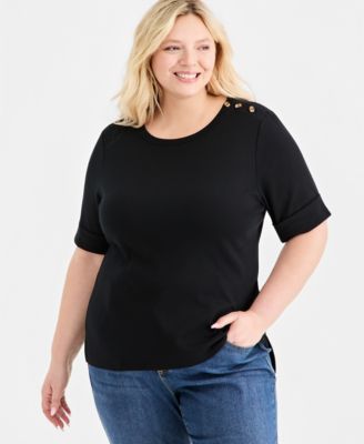 Plus Size Button-Shoulder Cuffed Elbow-Sleeve Top