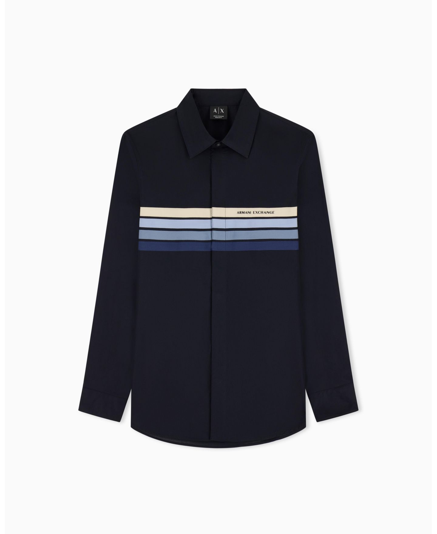 Мужская рубашка A|X Armani Exchange 4 Stripes Long Sleeve Poplin Button Down Shirt, цвет: Глубокий тёмно-синий — фото 1