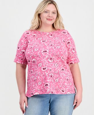 Women's Printed Boat-Neck Elbow-Sleeve Top