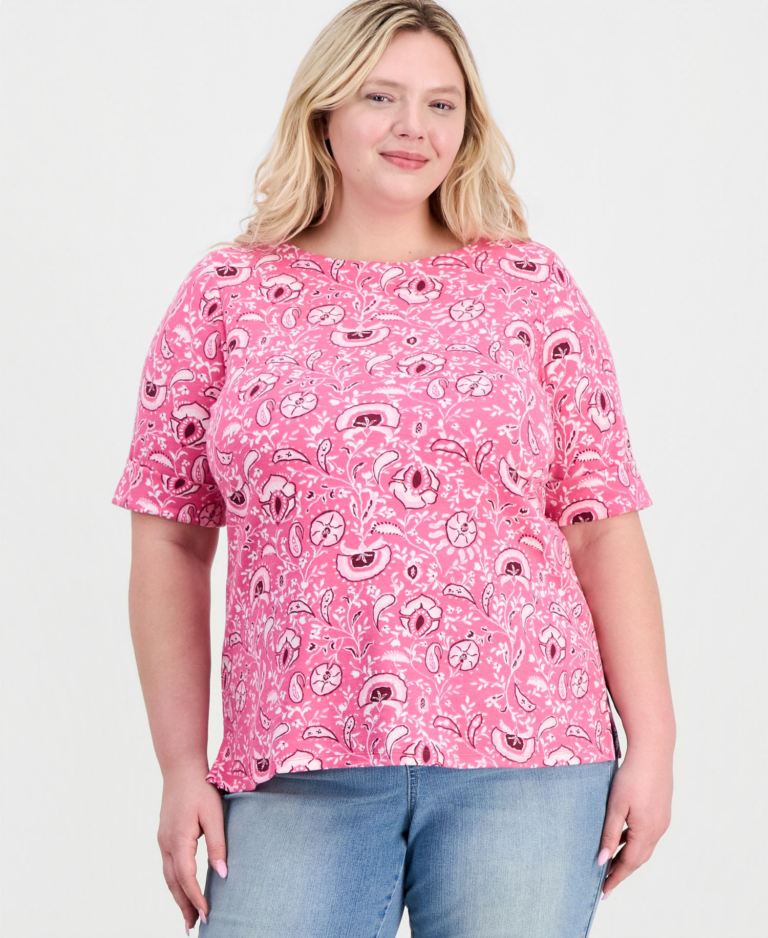 Plus Size Printed Boat-Neck Elbow-Sleeve Top