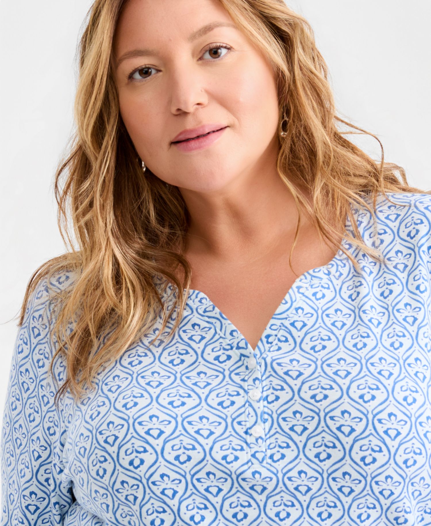 Petite Printed 3/4-Sleeve Henley Top