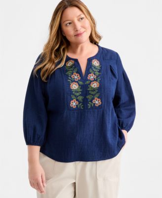 Plus Size Cotton Embroidered-Trim V-Neck Top