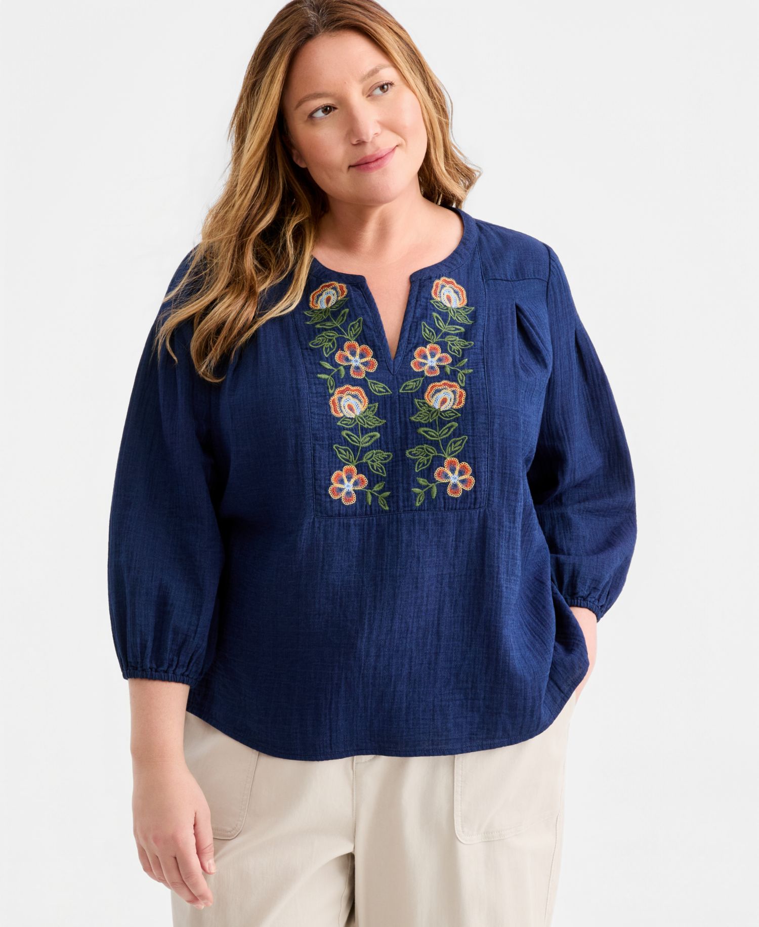 Plus Size Embroidered-Trim V-Neck Gauze Top