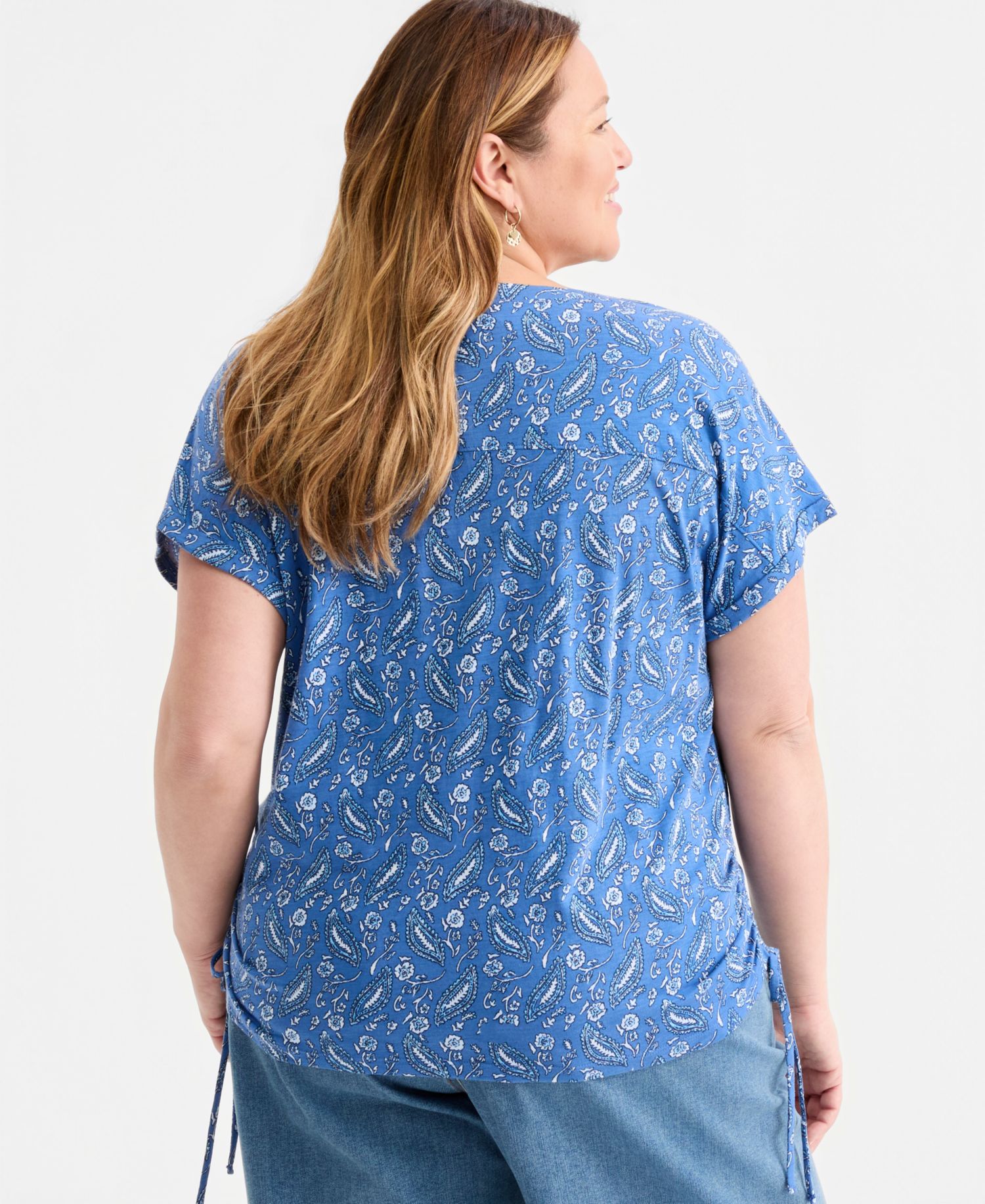 Plus Size Printed Ruched Tie-Hem V-Neck Top