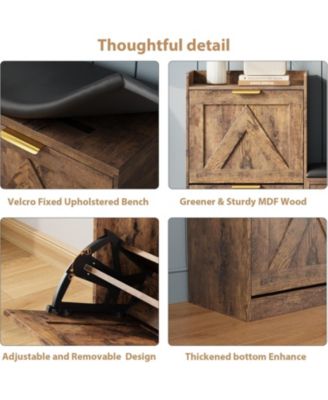 Farmhouse Freestanding Shoe Cabinet with Cushioned Bench and 4 Flip Drawers