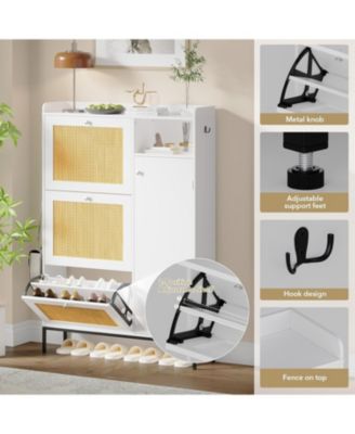 Narrow Rattan Shoe Cabinet with 3 Flip Drawers and Adjustable Shelves