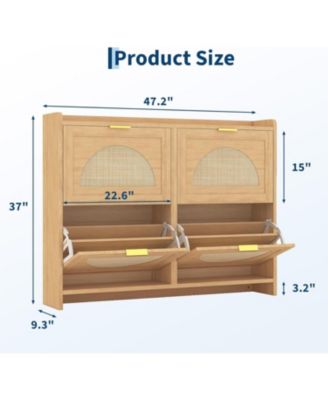Rattan Shoe Storage Cabinet with 4 Flip Drawers, Free Standing Narrow Shoe Organizer Cabinet with Rattan Doors, Wooden Shoe Rack