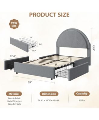 Boucle Bed Frame with 2 Drawers Upholstered Platform Round Headboard Wood Slats No Box Spring