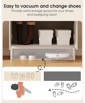 Farmhouse Rattan Shoe Cabinet with Storage,32.4   Boho Style Shoe Organizer Storage Cabinet with Shelves & Doors, 5 Tiers Wooden