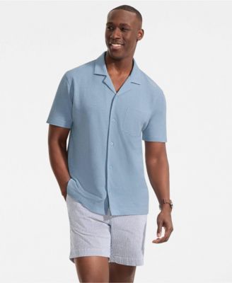 Men's Short Sleeve Cotton Linen Button Through Camp Collar Shirt