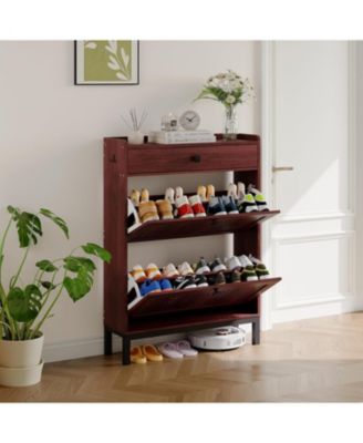 Modern Shoe Cabinet with 2 Flip Drawers, Top Drawer and   Square Handles