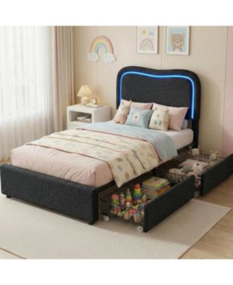 Full Boucle Bed Frame with 2 Drawers, LED Headboard, Upholstered Platform