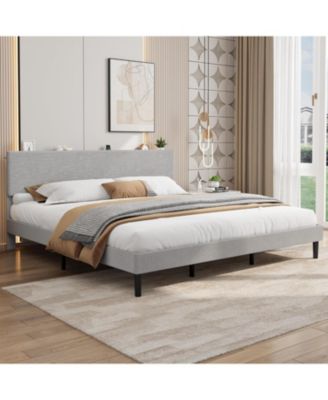 King Bed Frame with Charging Station, Corduroy Upholstered Platform Bed with Headboard Shelf, Wooden Slats, Noise Free, Easy Assembly