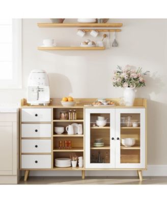 Farmhouse Sideboard Buffet Cabinet with Adjustable Shelves Glass Doors and Open Storage for Kitchen Dining and Entryway Wood