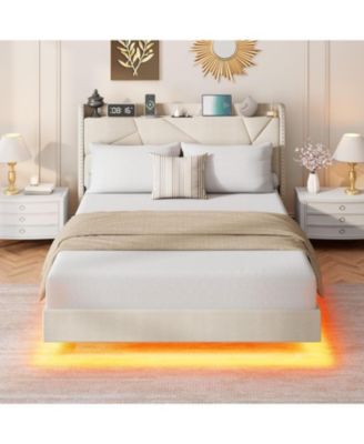 Floating Bed Frame with LED Lights Charging Station Storage Headboard Folding Shelves Metal Slats