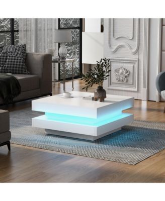 2-Tier Square Coffee Table, Modern High Gloss LED Center Table with Storage for Living Room and Home Office