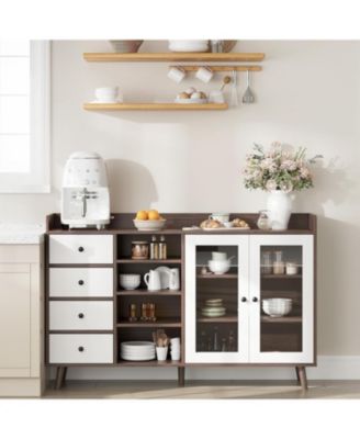 Farmhouse Sideboard Buffet Cabinet with Adjustable Shelves Glass Doors and Open Storage for Kitchen Dining and Entryway Walnut