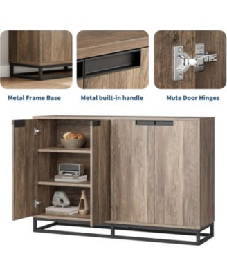 55 Inch Buffet Storage Cabinet with Four Doors Adjustable Shelves and  Metal Handles Modern Farmhouse Style