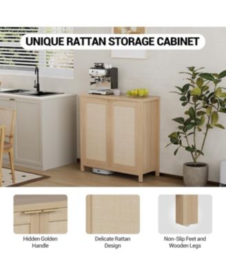 Rattan Storage Cabinet with Doors Adjustable Shelves and Portable Design Mid Century Modern Buffet wood