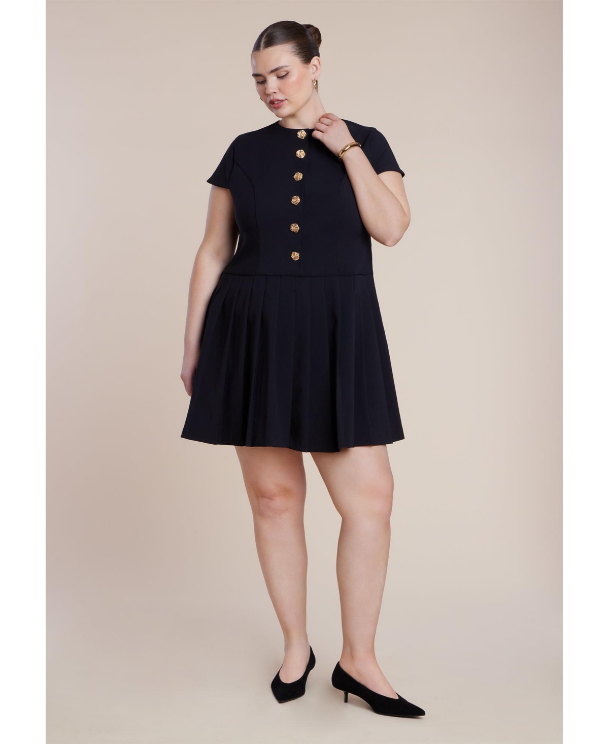 Eloquii Women's Button Detail Pleated Mini Dress