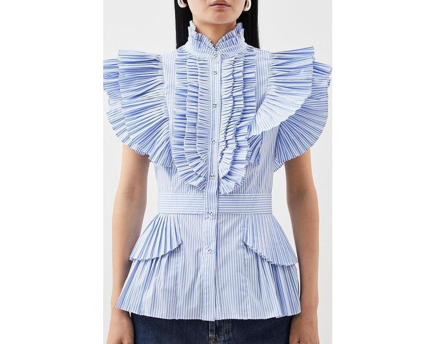 Women's Sleeveless Striped Pleated Ruffle Blouse