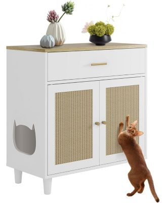 Hidden Cat Litter Box Enclosure Furniture, 31.5" Wooden Dog Proof Cat Litter Box Enclosure Cabinet with Drawer and 2 Sisal Doors