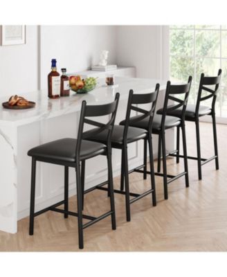 Set of 2 PU Upholstered Bar Stools with Footrest, Modern Counter Height Chairs with Back for Kitchen Island, Apartment