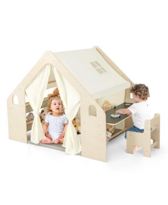 6-in-1 Kids Playhouse Wooden Play Tent w/ Blackboard Desk Chair 6 Storage Bins